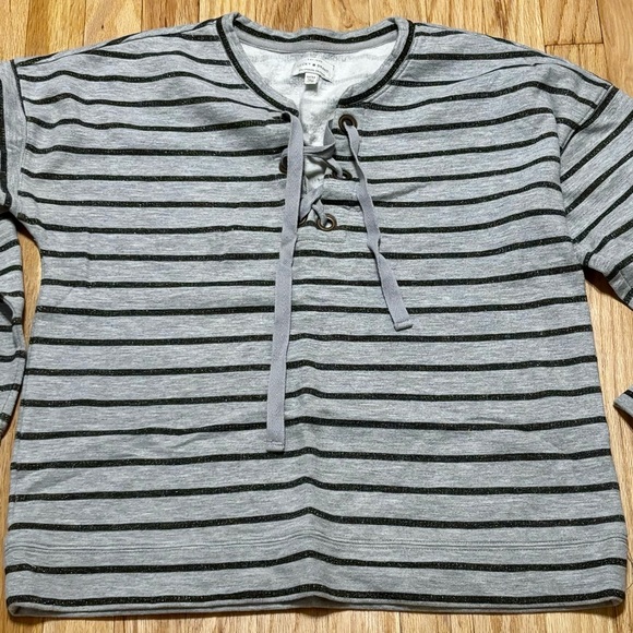 LUCKY BRAND Gray Lace-Up, Striped Sweatshirt - Picture 2 of 6